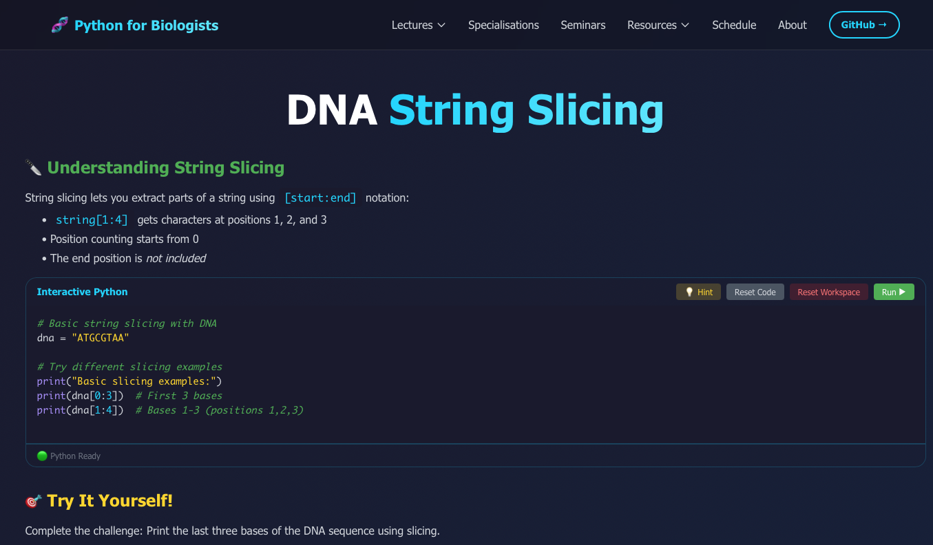 Python for Biologists course website showing DNA String Slicing lesson with interactive Pyodide code editor